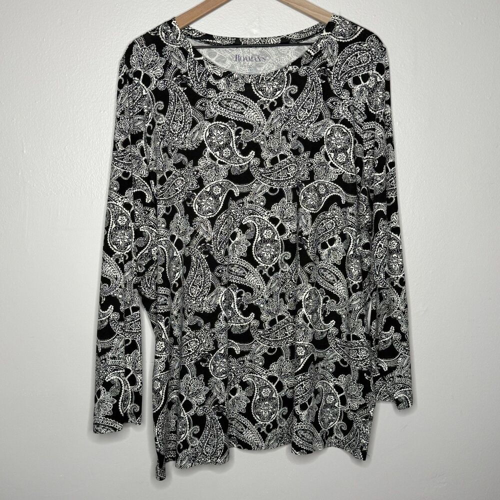 Roaman's Womens Long Sleeve Shirt 1X 22/24 Black White Paisley Casual Basics